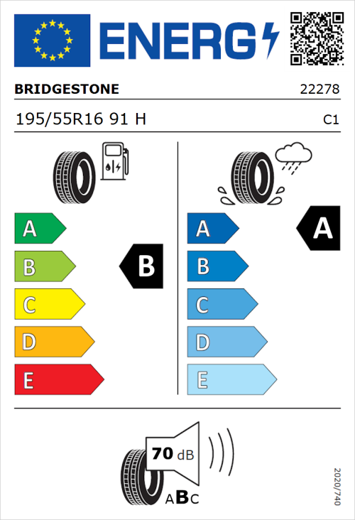 Tyre Label for Bridgestone Turanza 6 195/55R16 91H